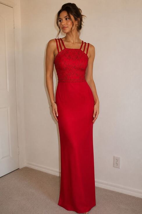 Pinky & Me Dresses & Skirts - Vtg Y2k Pinky & Me Red Beaded Formal Evening Gown Prom Siren Pageant Glam Size 8